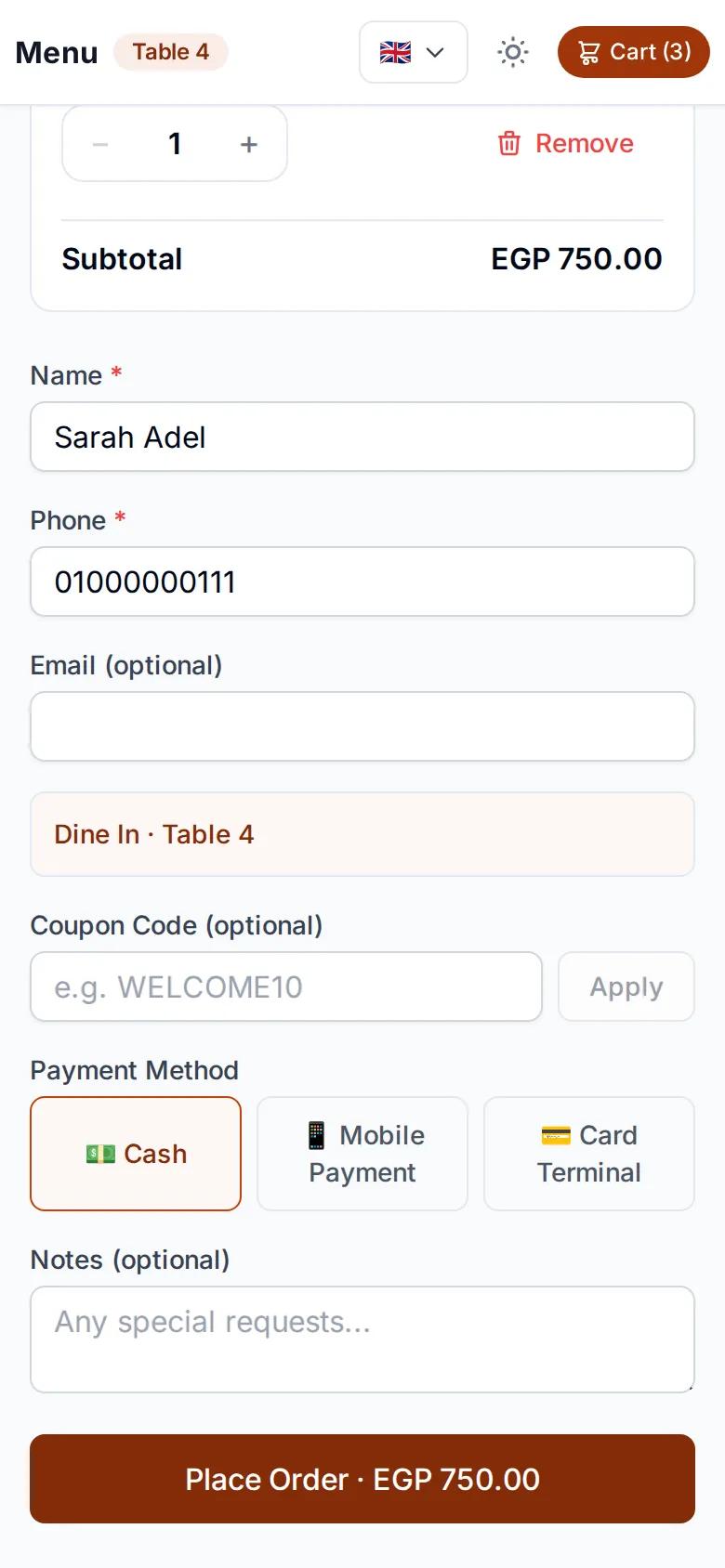 Checkout page with the table number and payment methods