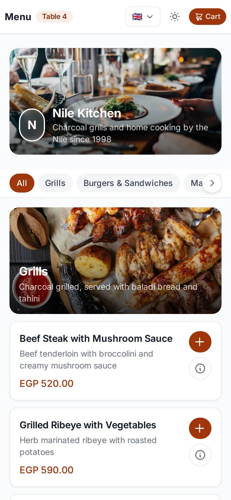 QR-Code-Speisekarte auf dem Handy eines Gastes im Demo-Restaurant Nile Kitchen auf egymenu
