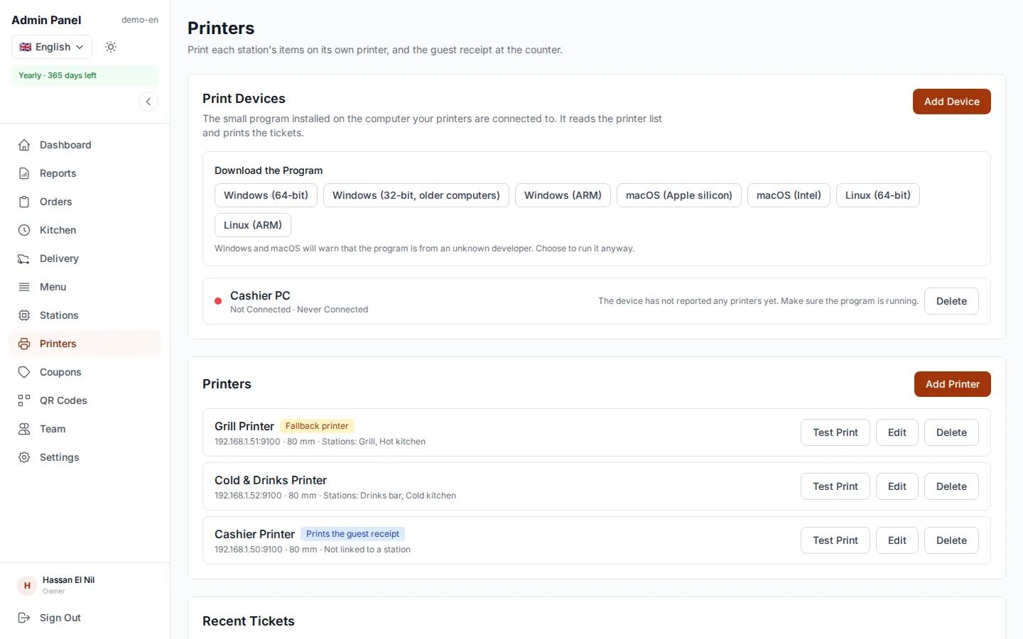 Printers page in the dashboard