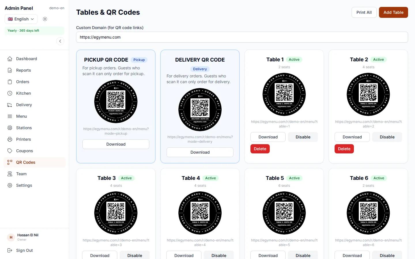 Table QR codes in a demo restaurant's dashboard