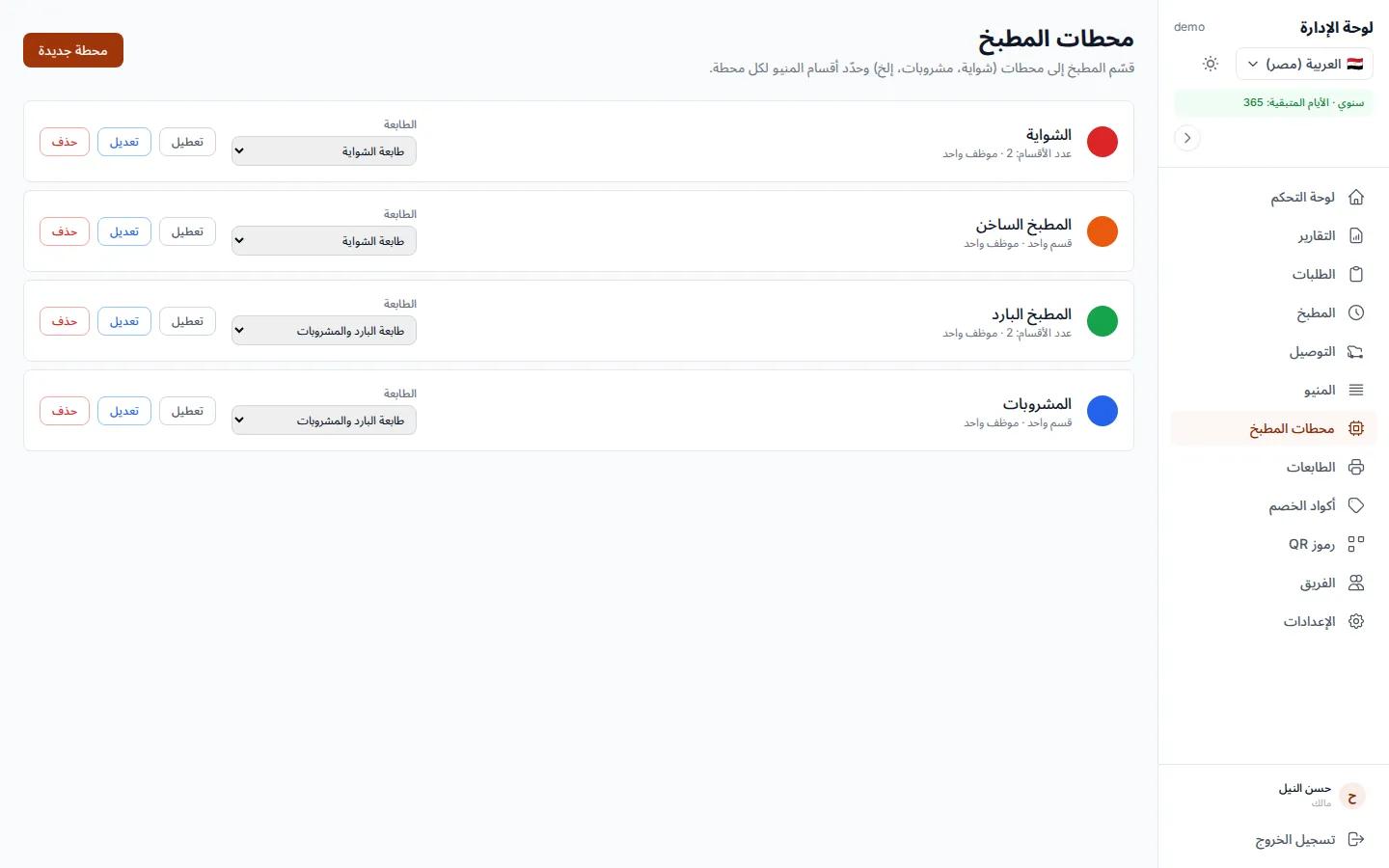 تعدد المطابخ والطباعة: تعدد المطابخ: كل محطة بتشوف أصنافها بس، وبتطبعها على طابعتها